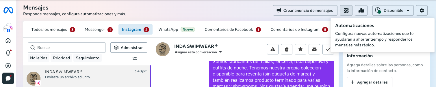 Bandeja de Mensajes en Meta Business Suite con el ícono de Automatizaciones