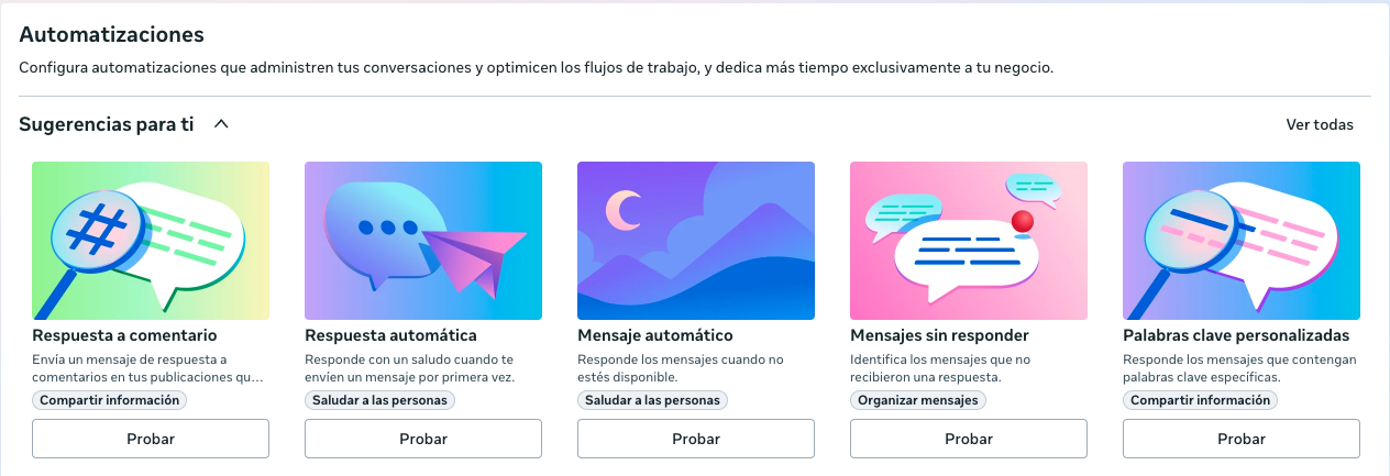 Panel de Automatizaciones de Meta Business Suite con sugerencias listas para activar