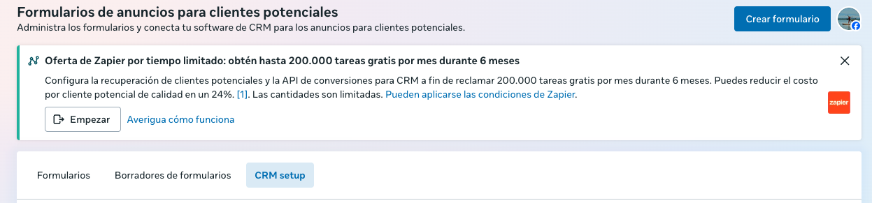 Pantalla de Formularios de anuncios para clientes potenciales con la pestaña CRM setup